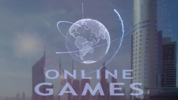 Jogos Online texto com holograma 3d do planeta Terra contra o pano de fundo da metrópole moderna — Vídeo de Stock