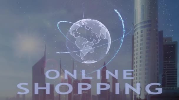 Zakupy online tekst z hologramem 3d planety ziemi na tle nowoczesnej metropolii — Wideo stockowe