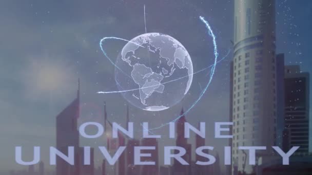 Online univerzita text s 3d hologramem planety země na pozadí moderní metropole — Stock video