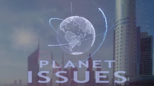 Planeta emite texto com holograma 3d do planeta Terra contra o pano de fundo da metrópole moderna — Vídeo de Stock