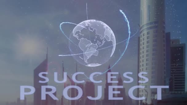 Progetto di successo testo con ologramma 3d del pianeta Terra sullo sfondo della metropoli moderna — Video Stock