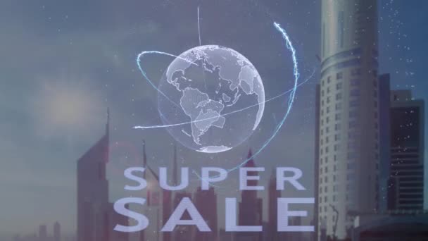 Текст суперпродажи с 3D-голограммой планеты Земля на фоне современного мегаполиса — стоковое видео