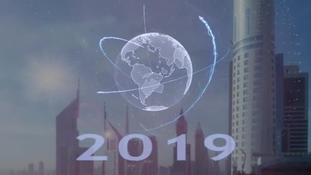 2019 tekst met 3d hologram van de planeet aarde tegen de achtergrond van de moderne metropool — Stockvideo