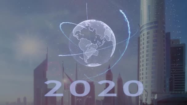 2020 teks dengan hologram 3d planet Bumi terhadap latar belakang metropolis modern — Stok Video