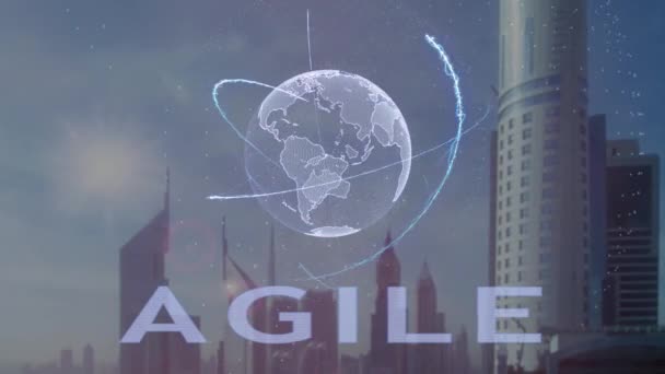 Agile tekst z hologramem 3d planety ziemi na tle nowoczesnej metropolii — Wideo stockowe
