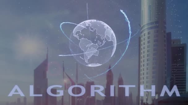 Texto do algoritmo com holograma 3d do planeta Terra contra o pano de fundo da metrópole moderna — Vídeo de Stock