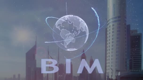 BIM tekst met 3d hologram van de planeet aarde tegen de achtergrond van de moderne metropool — Stockvideo