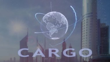 Modern metropol zemin karşı Dünya gezegeninin 3d hologram metinle kargo