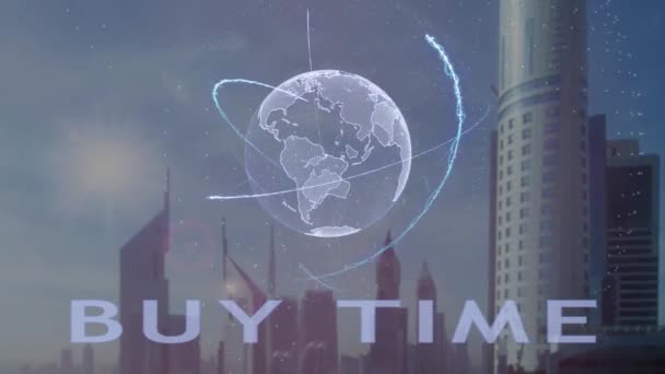 Acquista tempo testo con ologramma 3d del pianeta Terra sullo sfondo della metropoli moderna — Video Stock