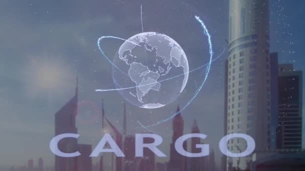 Texto de carga con el holograma 3d del planeta Tierra contra el telón de fondo de la metrópolis moderna — Vídeos de Stock