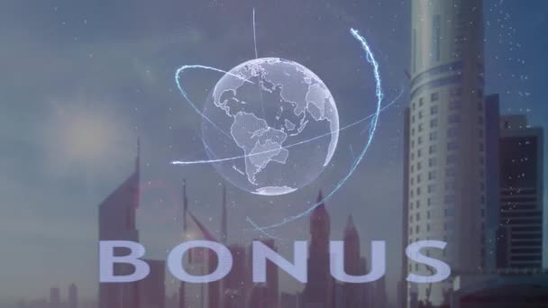 Bonus text med 3d hologram av planeten jorden mot bakgrund av den moderna metropolen — Stockvideo