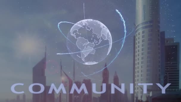 Texto comunitário com holograma 3d do planeta Terra no contexto da metrópole moderna — Vídeo de Stock