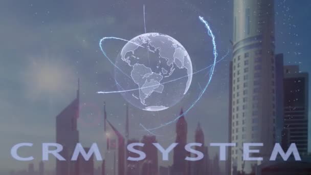 近代的な大都市の背景に地球の 3 d ホログラムと Crm システムのテキスト — ストック動画