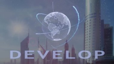 Modern metropol zemin karşı Dünya gezegeninin 3d hologram metinle geliştirmek