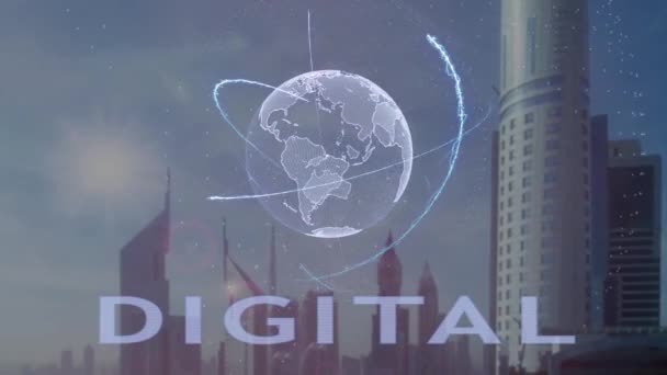 Texto digital con el holograma 3d del planeta Tierra sobre el telón de fondo de la metrópolis moderna — Vídeos de Stock
