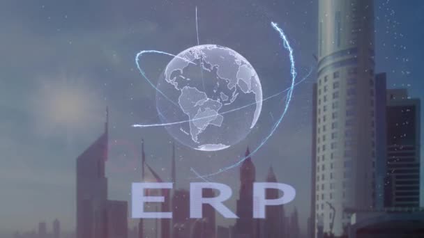 Texto ERP com holograma 3d do planeta Terra contra o pano de fundo da metrópole moderna — Vídeo de Stock