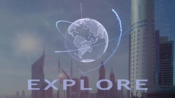 Исследуйте текст с трехмерной голограммой планеты Земля на фоне современного мегаполиса — стоковое видео