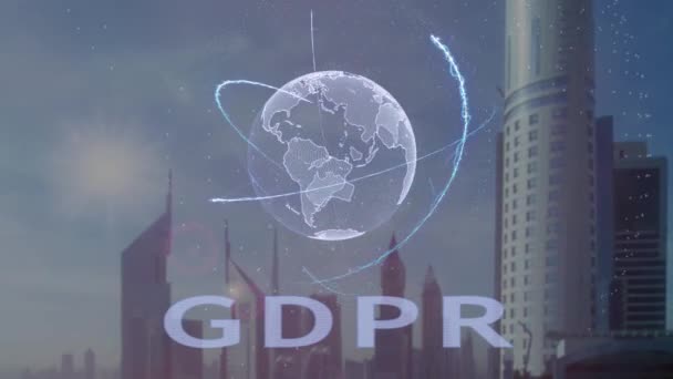 GDPR teks dengan hologram 3d planet Bumi terhadap latar belakang metropolis modern — Stok Video