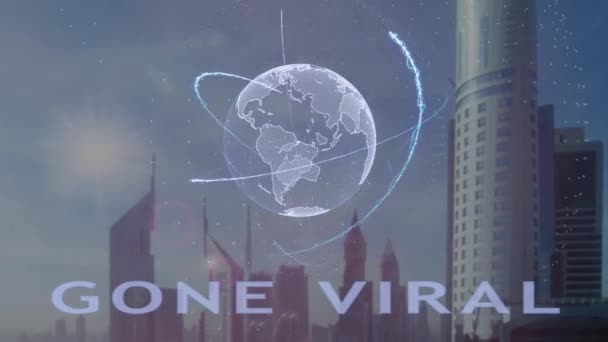 Исчез вирусный текст с 3D-голограммой планеты Земля на фоне современного мегаполиса — стоковое видео