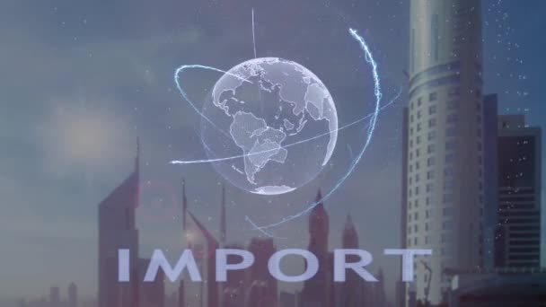 Tekst importeren met 3d hologram van de planeet aarde tegen de achtergrond van de moderne metropool — Stockvideo