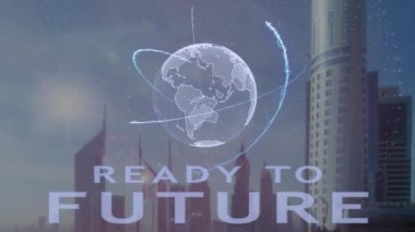 Modern metropol zemin karşı Dünya gezegeninin 3d hologram ile gelecek için hazır metin