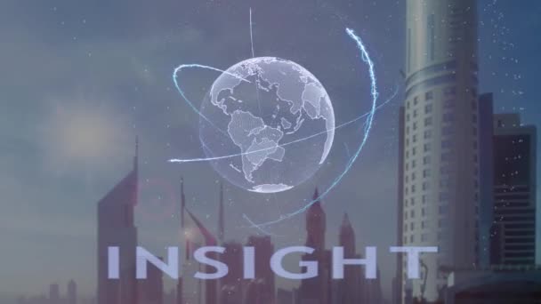 Texto de visão com holograma 3d do planeta Terra contra o pano de fundo da metrópole moderna — Vídeo de Stock