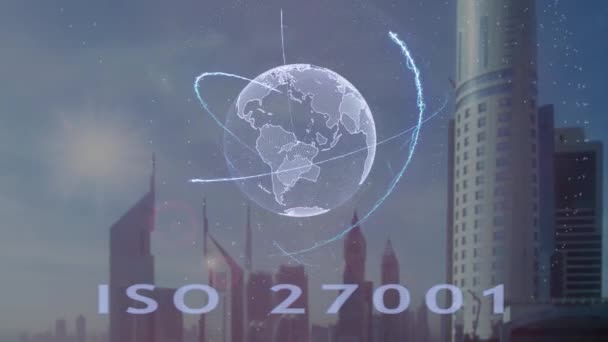 현대적인 메트로 폴리스의 배경 지구의 3d 홀로그램으로 Iso 27001 텍스트 — 비디오