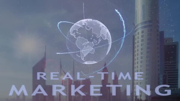 Real-time marketing tekst met 3d hologram van de planeet aarde tegen de achtergrond van de moderne metropool — Stockvideo