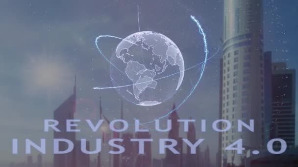 Revolución Industria 4.0 texto con el holograma 3d del planeta Tierra en el contexto de la metrópoli moderna — Vídeo de stock
