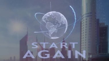Yine metin 3d hologram modern metropol zemin karşı Dünya gezegeninin başlayın. Fütüristik animasyon kavramı