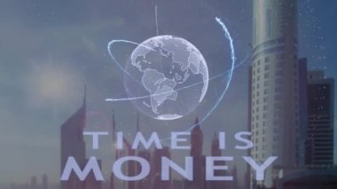 Modern metropol zemin karşı Dünya gezegeninin 3d hologram metinle para zamanı