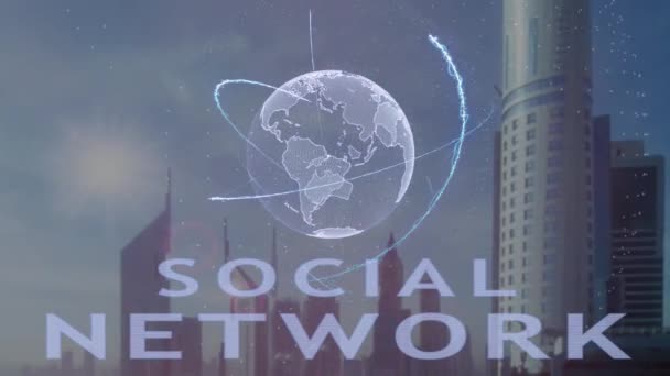 Testo del social network con ologramma 3d del pianeta Terra sullo sfondo della metropoli moderna — Video Stock