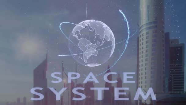 Texto do sistema espacial com holograma 3d do planeta Terra contra o pano de fundo da metrópole moderna — Vídeo de Stock