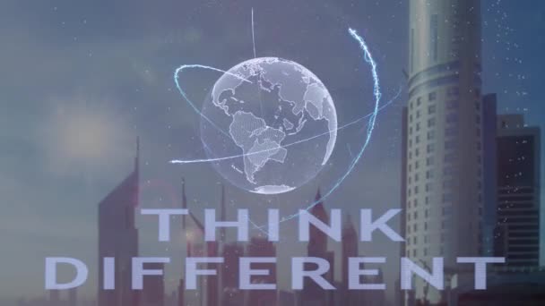 Pense texto diferente com holograma 3d do planeta Terra contra o pano de fundo da metrópole moderna — Vídeo de Stock