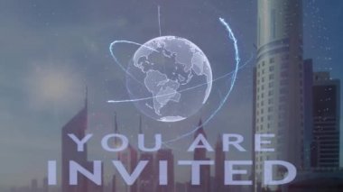 Davet edilen metin ile modern metropol zemin karşı Dünya gezegeninin 3d hologram vardır. Fütüristik animasyon kavramı
