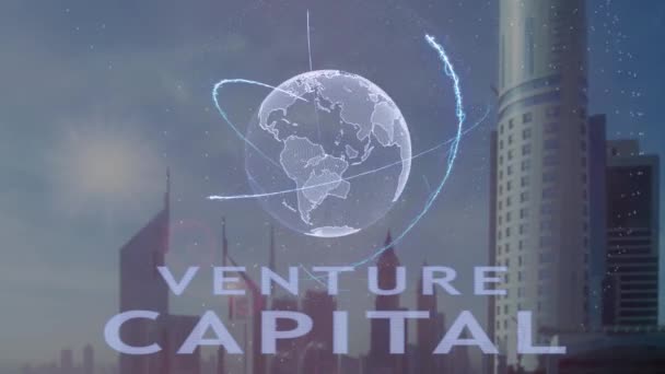 Venture Capital text with 3d hologram of the planet Earth на фоне современного мегаполиса — стоковое видео