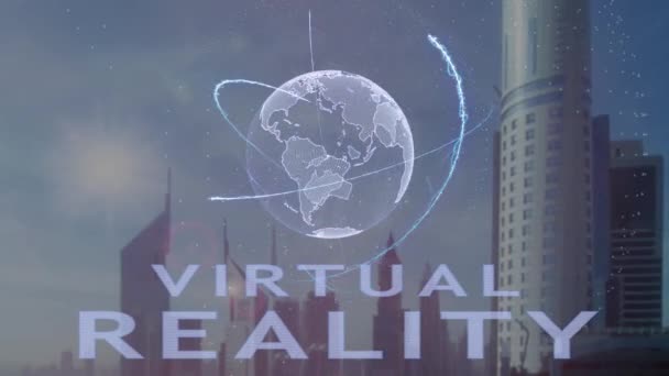 Текст виртуальной реальности с трехмерной голограммой планеты Земля на фоне современного мегаполиса — стоковое видео