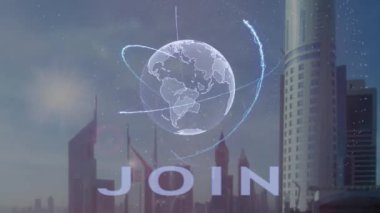 Modern metropol zemin karşı Dünya gezegeninin 3d hologram metinle katılmak