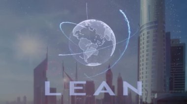 Modern metropol zemin karşı Dünya gezegeninin 3d hologram ile yalın metin