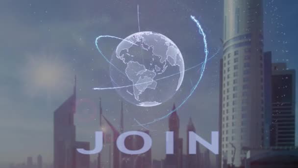 Lid worden van tekst met 3d hologram van de planeet aarde tegen de achtergrond van de moderne metropool — Stockvideo