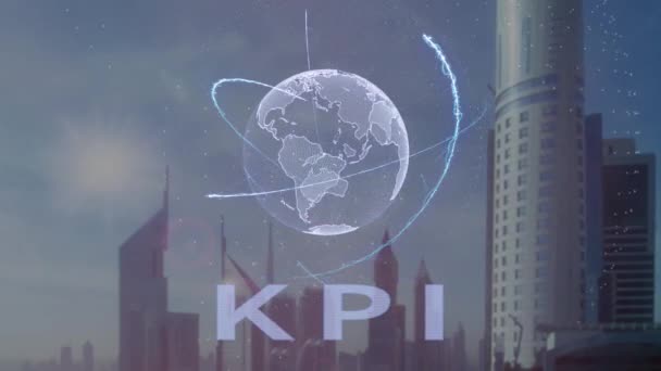 Tekst KPI z hologramem 3d planety ziemi na tle nowoczesnej metropolii — Wideo stockowe