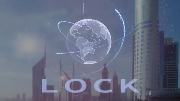 Slot tekst met 3d hologram van de planeet aarde tegen de achtergrond van de moderne metropool — Stockvideo