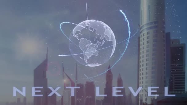 Next-Level-Text mit 3D-Hologramm des Planeten Erde vor dem Hintergrund der modernen Metropole — Stockvideo