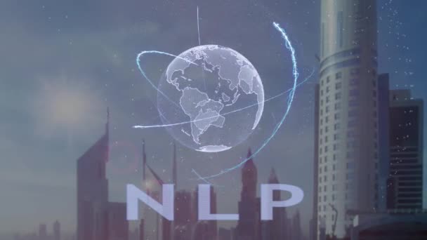 NLP text med 3d hologram av planeten jorden mot bakgrund av den moderna metropolen — Stockvideo