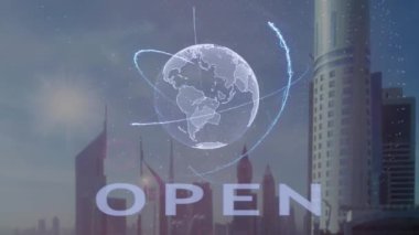Modern metropol zemin karşı Dünya gezegeninin 3d hologram ile açık metin