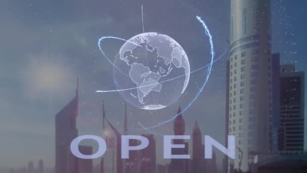 Texto abierto con el holograma 3d del planeta Tierra contra el telón de fondo de la metrópolis moderna — Vídeo de stock