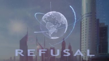 Modern metropol zemin karşı Dünya gezegeninin 3d hologram metinle ret