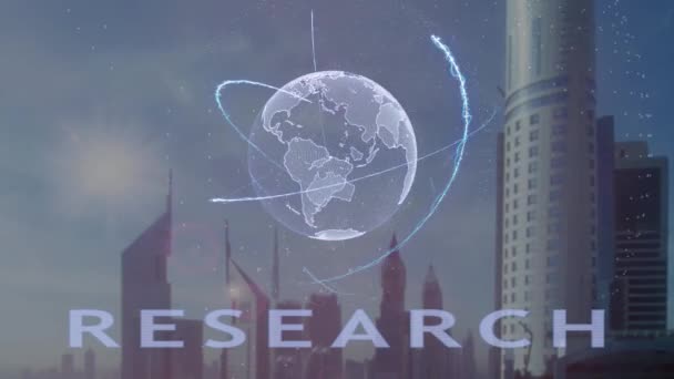 Texto de investigación con el holograma 3d del planeta Tierra contra el telón de fondo de la metrópoli moderna — Vídeos de Stock