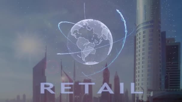 Retail tekst met 3d hologram van de planeet aarde tegen de achtergrond van de moderne metropool — Stockvideo