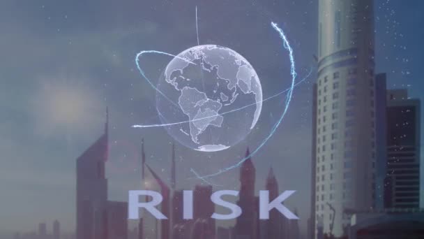 Riziko text s 3d hologramem planety země na pozadí moderní metropole — Stock video